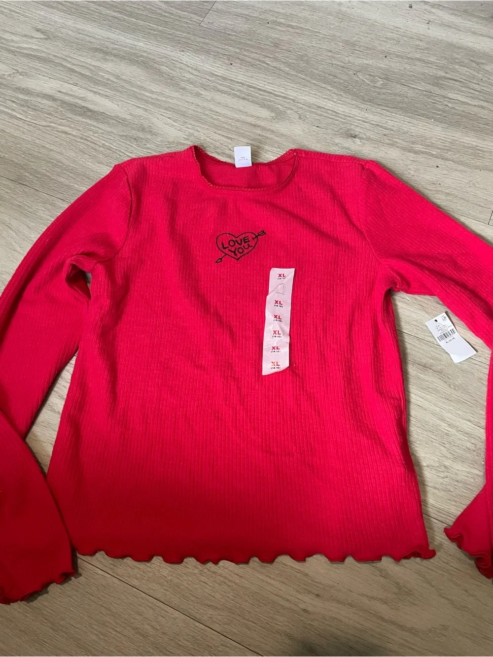 Old Navy Bright Red Ribbed Long-Sleeve Top with Heart 'LOVE YOU' Graphic